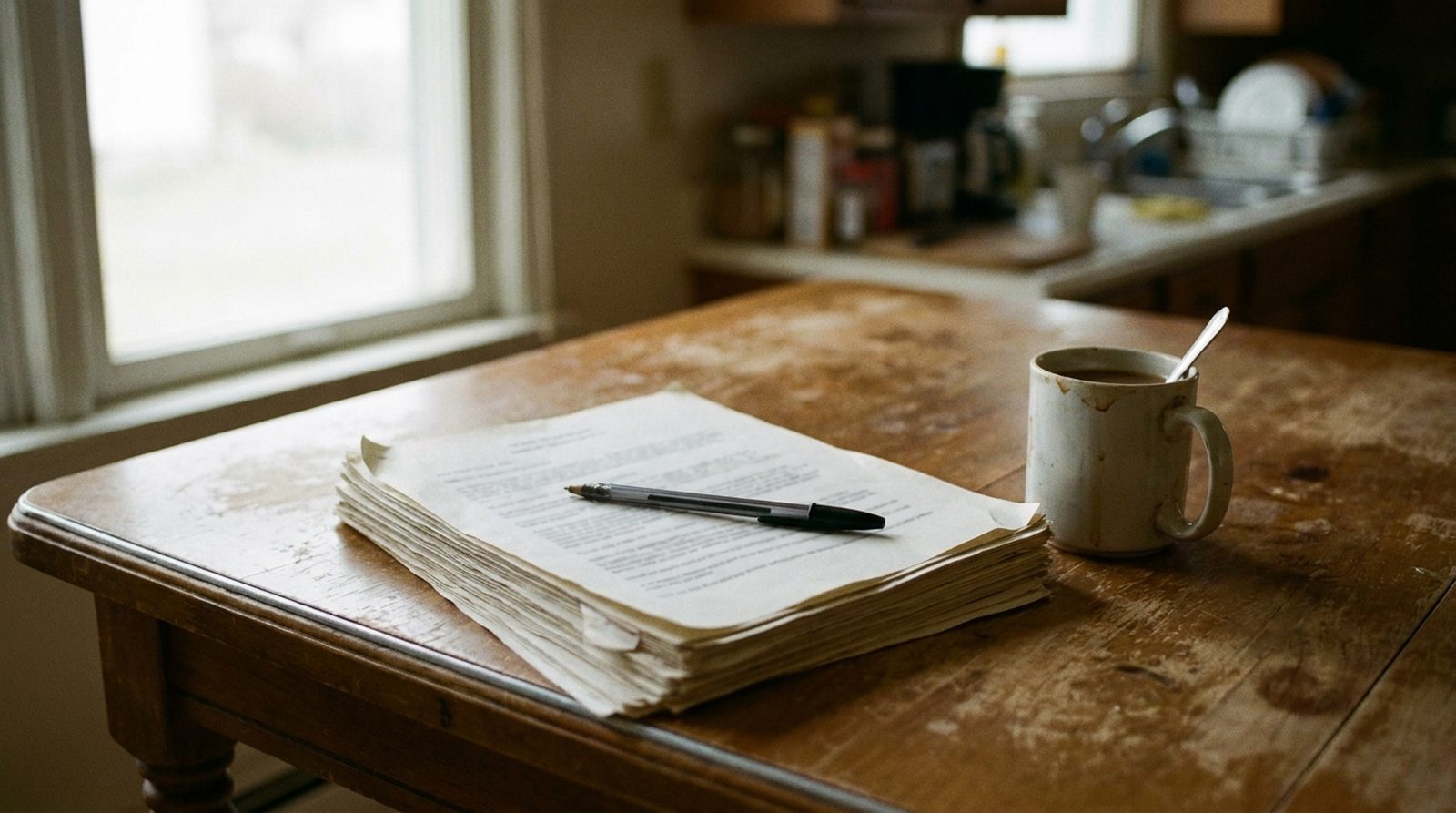 A stack of unmarked contract pages and a ballpoint pen on a worn wooden kitchen table in a modest Midwestern home, beside a half-drunk mug of coffee, lit by an overcast window