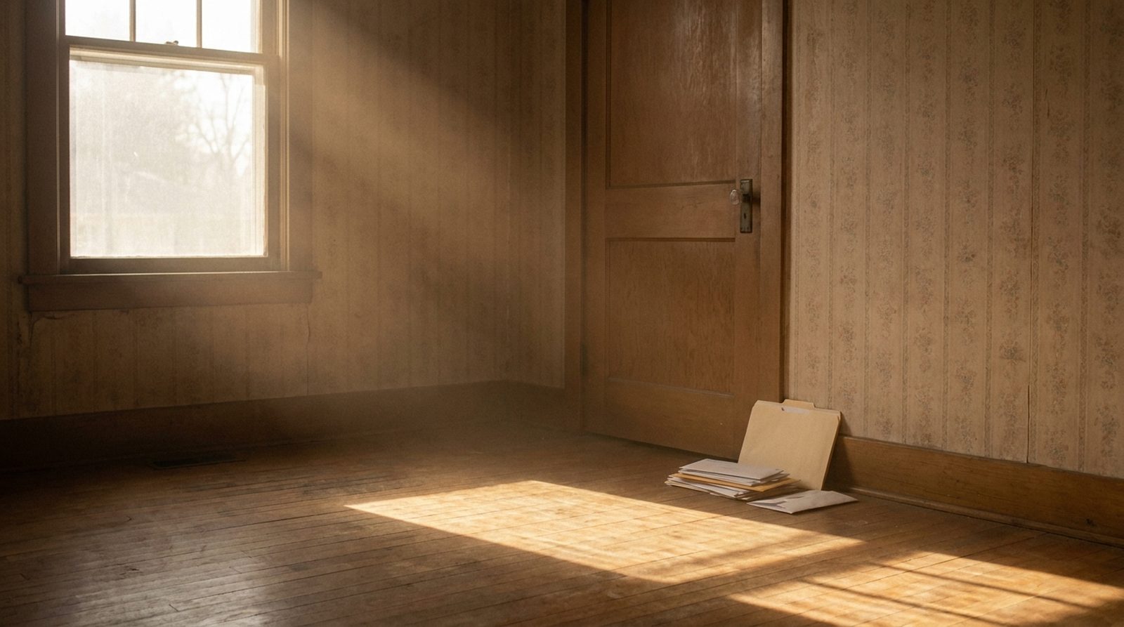 The empty front room of an older Des Moines house in late afternoon light, bare floorboards and a folder of unopened post left standing against the wall by the door