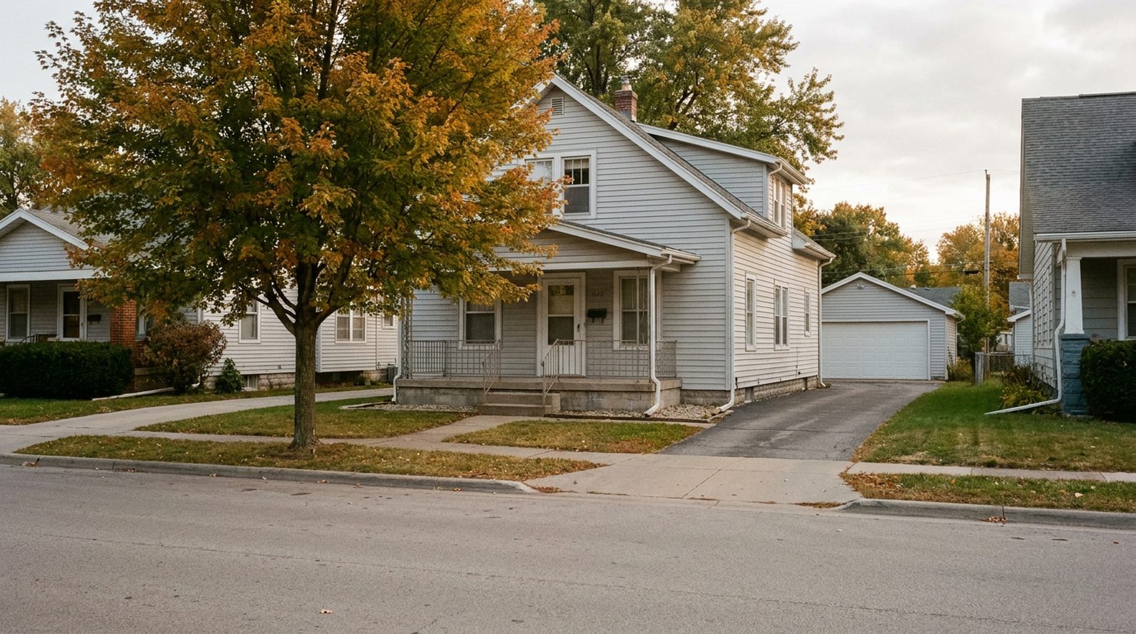 An ordinary two-storey pale grey clapboard house on a quiet Des Moines residential street, a mature maple turning autumn colour in the front garden, empty driveway, flat overcast late-afternoon light