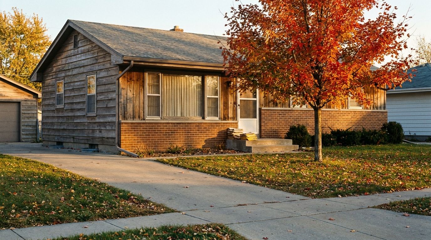 A modest mid-century house on a quiet Des Moines street, empty driveway and uncollected post on the step