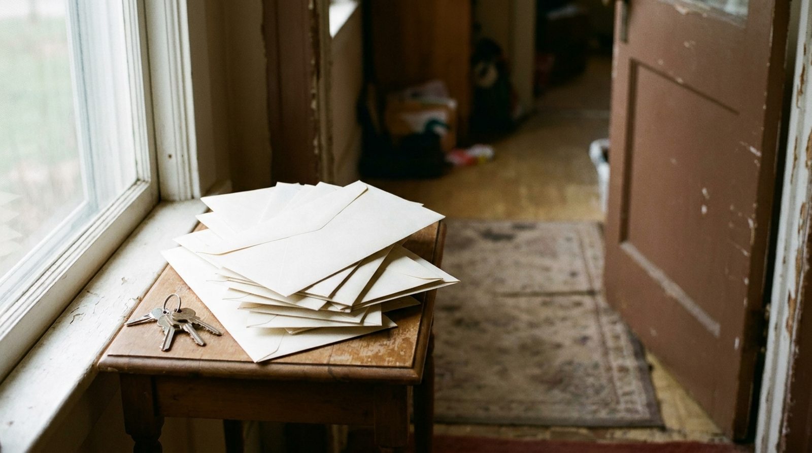 Unopened white envelopes stacked on a small wooden table inside the front door of a modest Midwestern house, a set of house keys beside them, in soft overcast daylight