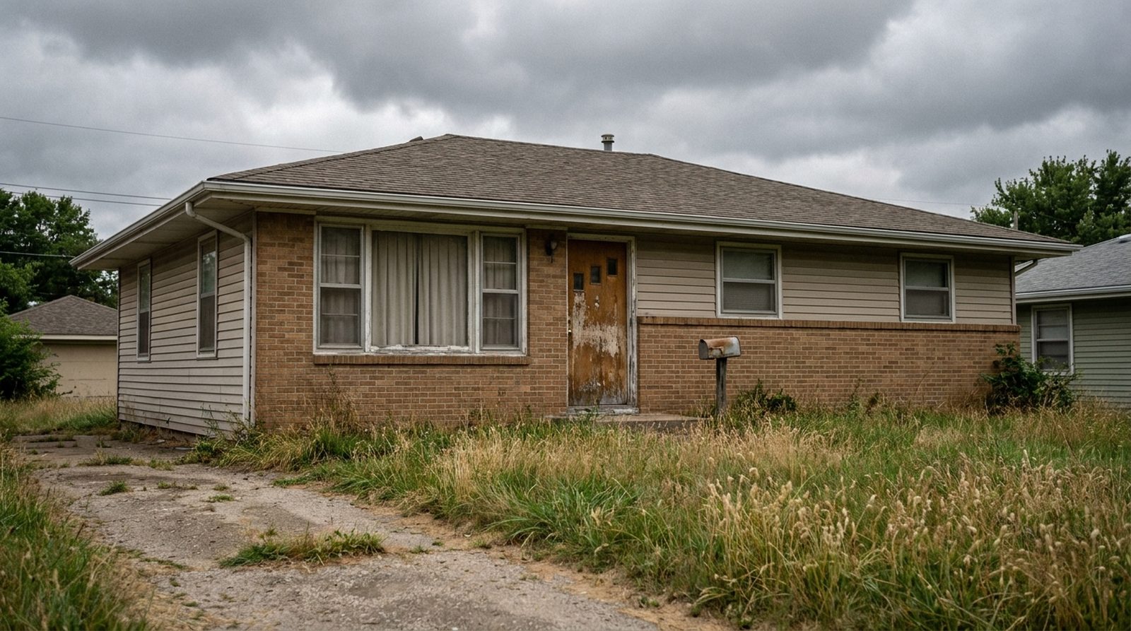 A modest single-storey 1950s brick and clapboard ranch house in Des Moines on an overcast day, the lawn grown long, the driveway empty and the curtains closed