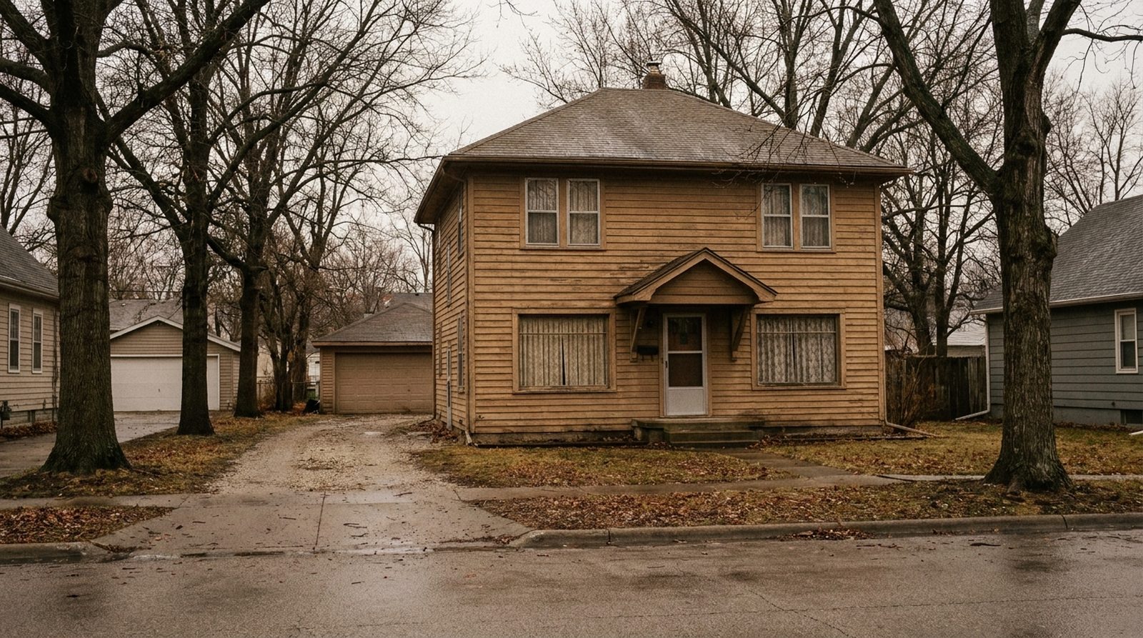 The front of a modest 1940s two-storey clapboard house on a quiet Des Moines street on an overcast day, curtains drawn and the driveway empty