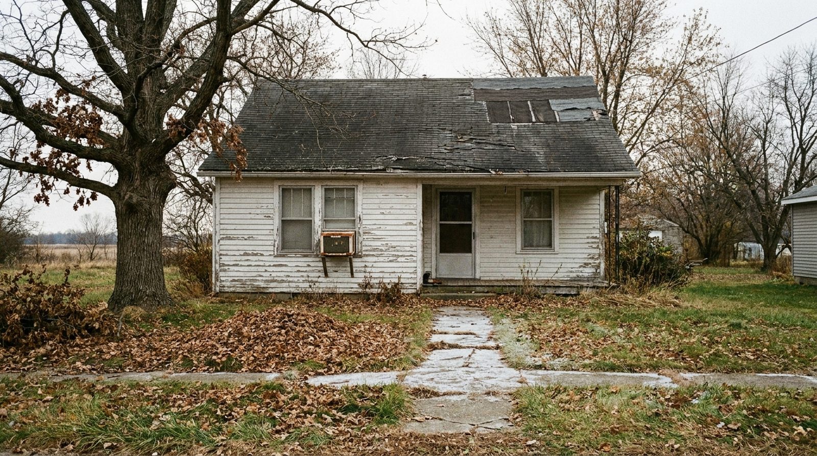 A modest single-storey Midwestern house needing repair, with a patched and sagging asphalt shingle roof, peeling white clapboard siding, an old window air-conditioning unit and a frost-cracked concrete path, under overcast late-autumn light