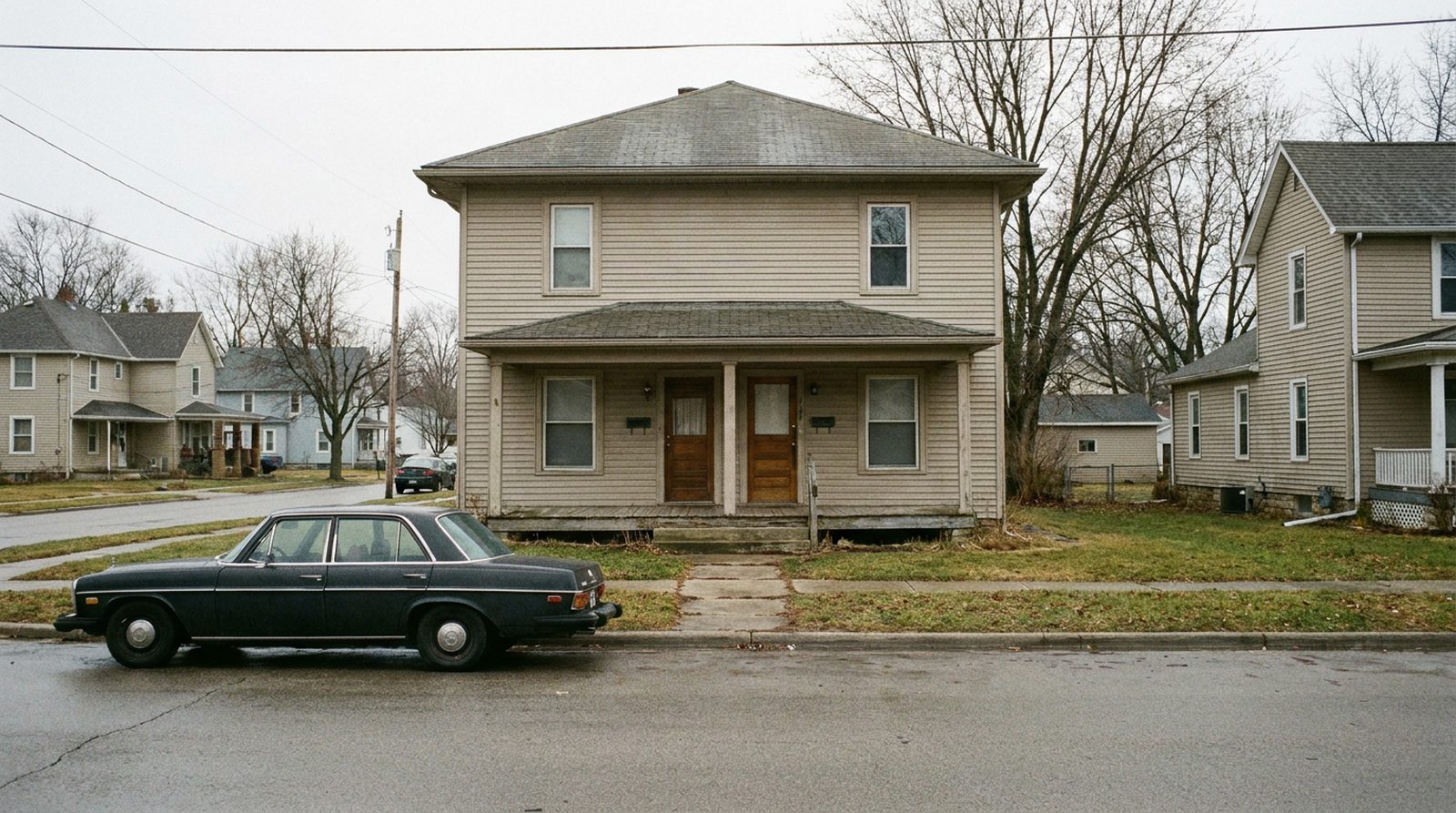A modest two-storey Midwestern duplex with plain clapboard siding and two front doors under a shared covered porch, seen from across a quiet residential street under soft overcast daylight