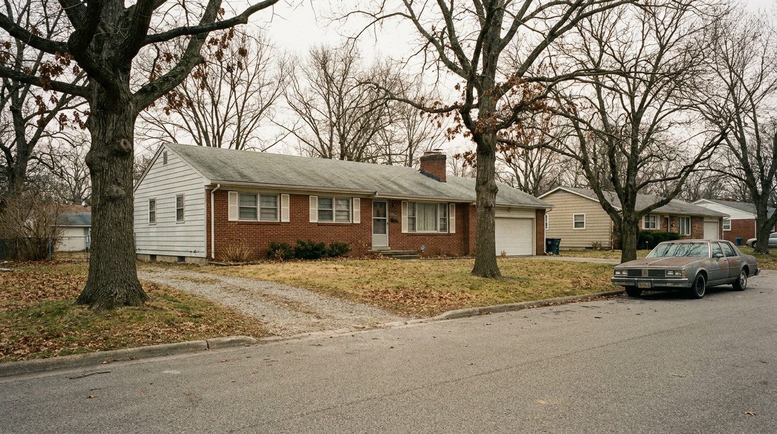 A modest 1950s single-storey brick and clapboard ranch house on a quiet Midwestern residential street, bare winter trees and a patchy lawn, under flat overcast light