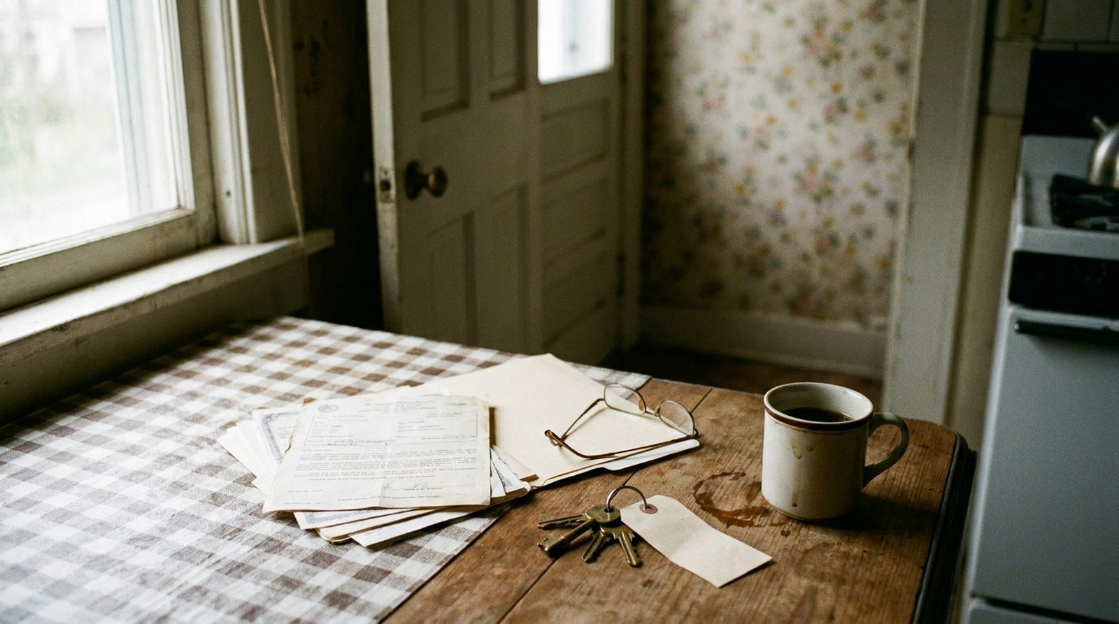 A kitchen table in an older Des Moines house with a folder of estate paperwork, a set of house keys on a tag, reading glasses and a half-drunk mug of coffee