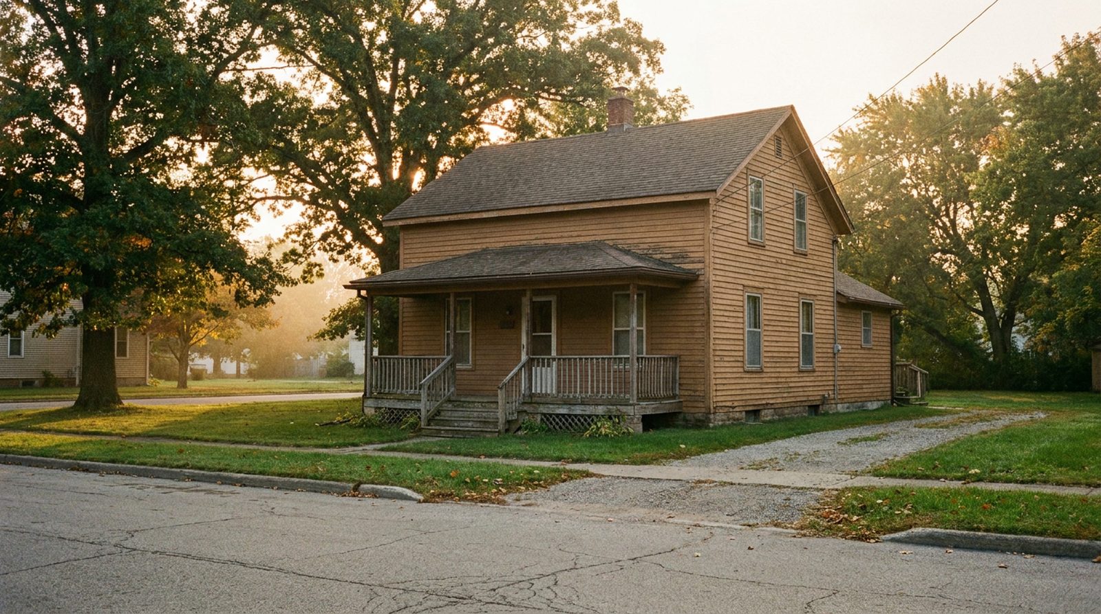 A modest two-storey Midwestern house with plain clapboard siding and a wooden porch railing on a quiet residential street, lit by warm low morning sun through mature trees