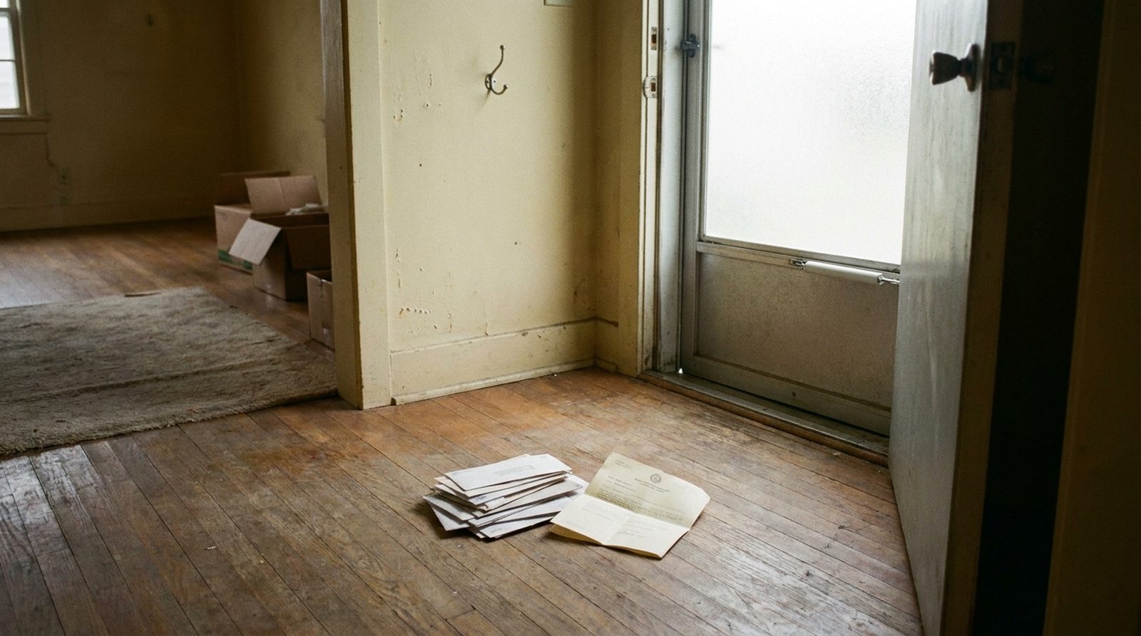 A pile of unopened post and a folded tax notice on the bare wooden floor inside the front door of an empty 1950s house, with moving boxes in the next room