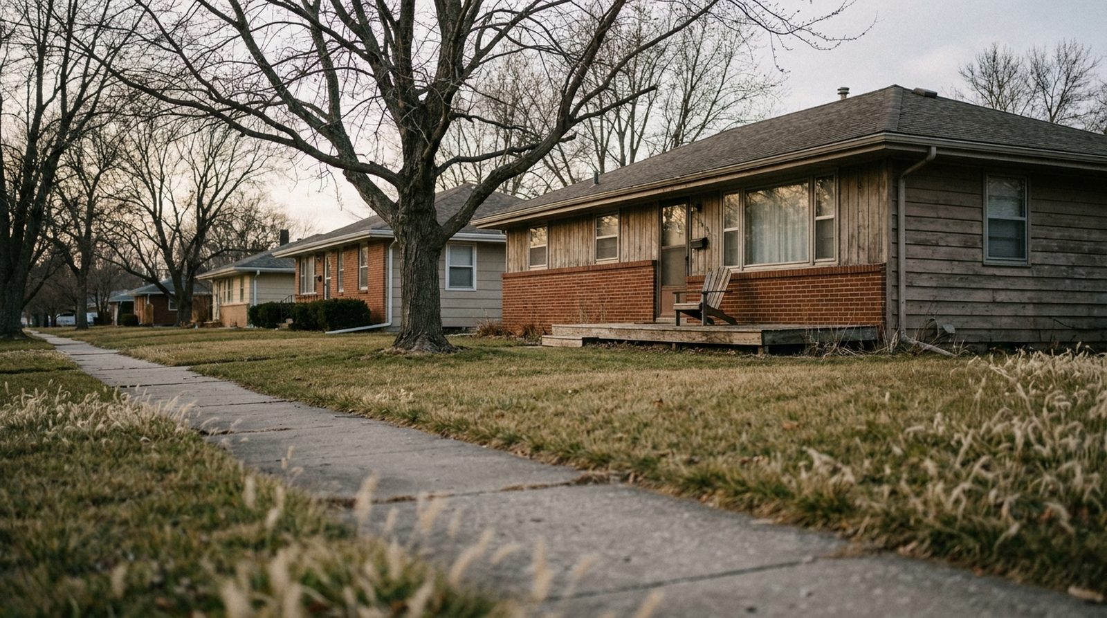 A modest 1960s brick and clapboard ranch house on a quiet Des Moines street in flat overcast light, bare maple tree out front and an empty wooden chair on the porch