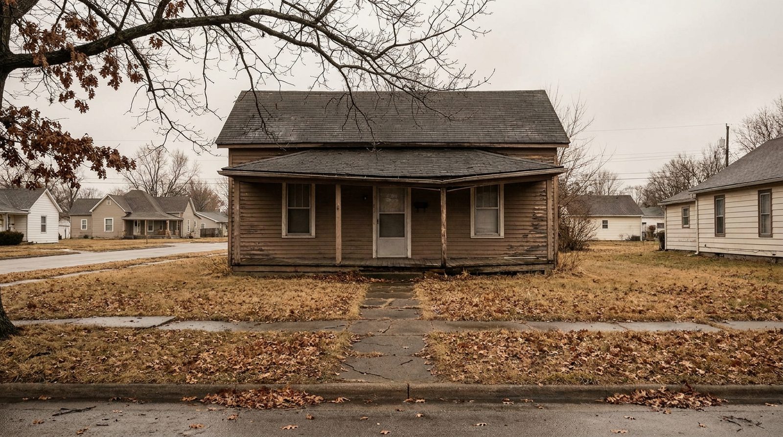 A modest single-storey timber-framed Midwestern house with faded clapboard siding and a sagging porch roof, seen from across a quiet residential street on an overcast afternoon, with an unraked lawn of dry grass and fallen leaves