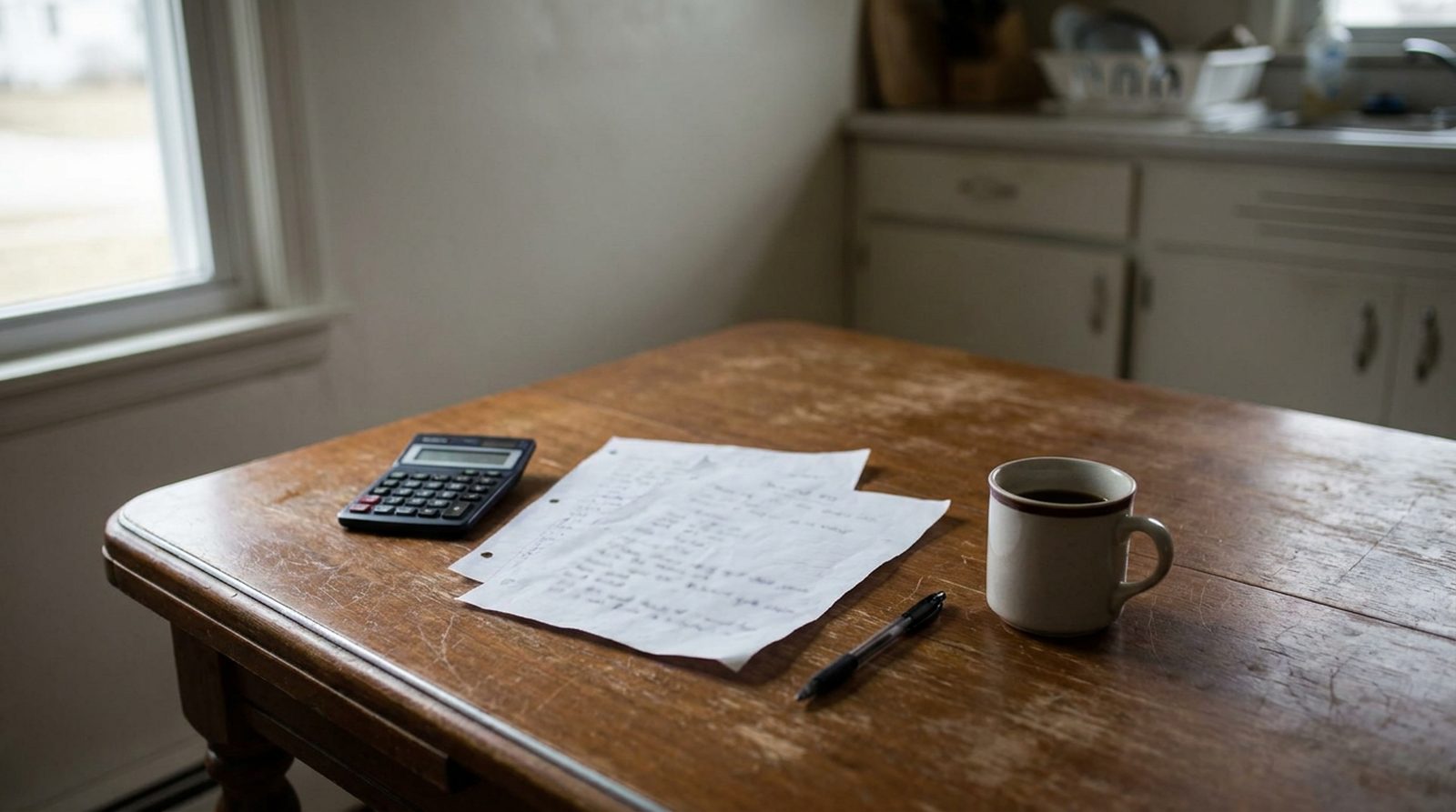 A plain kitchen table in an ordinary Midwestern house with a pocket calculator, handwritten sums on loose paper, a ballpoint pen and a half-drunk mug of coffee, lit by soft overcast daylight from a window